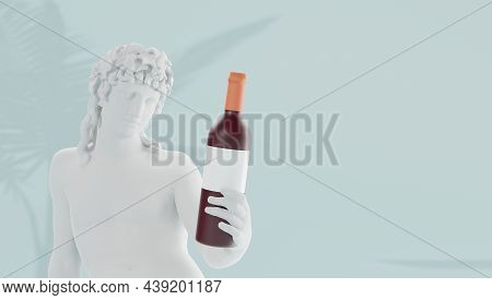 Sculpture Of The God Of Wine Bacchus Holding A Bottle Of Wine With A Blank Wine Label.