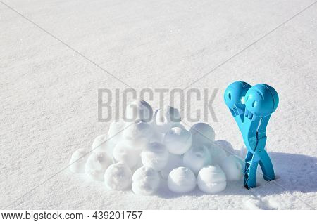 Children Toy Is A Tool For Modeling Snowballs From Snow. Blue Color Plastic Device. Winter Outdoor K