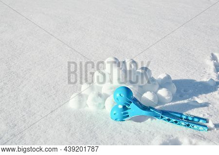Children Toy Is A Tool For Modeling Snowballs From Snow. Blue Color Plastic Device. Winter Outdoor K