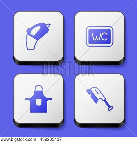 Set Portable Vacuum Cleaner, Toilet, Kitchen Apron And Brush For Cleaning Icon. White Square Button.