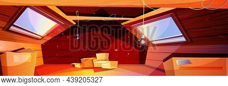 Vector Cartoon Interior Of Attic. Empty Old Mansard With Carton Boxes And Windows. House Space With 