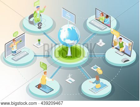 People Communicate Online. Virtual Meeting Or Conference Via Social Media. Chatting By Videochat, Vi