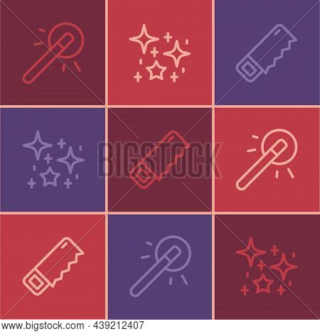 Set Line Magic Wand, Hand Saw And Magical Glitter Particles Icon. Vector