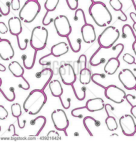 Stethoscope. Medical Diagnostic Device. Seamless Vector Pattern. Isolated Colorless Background. Repe