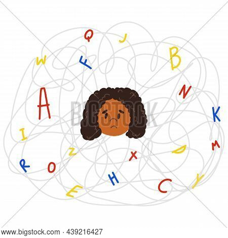 Upset Black Child With Invisible Disease Dyslexia. Concept Of Dyslexic Girl In The Chaos Of Letters 