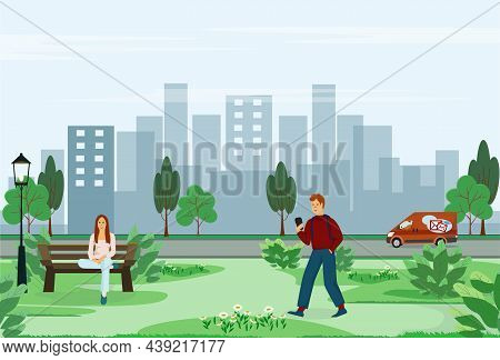 Cute Vector Illustration. A Young Girl Sits In An Arch On A Bench. The Guy Walks Through The Park Ta