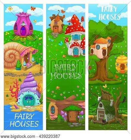 Cartoon Fairy Houses And Dwellings, Vector Banners With Dwarfs And Gnome Huts. Kids Fairy Tale Dwarf