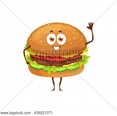 Cartoon Funny Fast Food Hamburger Character. Vector Fastfood Meal Mascot, Happy Burger Emoji, Beefbu
