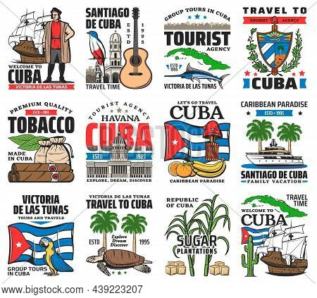 Cuba Tourist Attractions, Havana Vacation Travel Tours Icons Set. Christopher Columbus Caravel, Trop