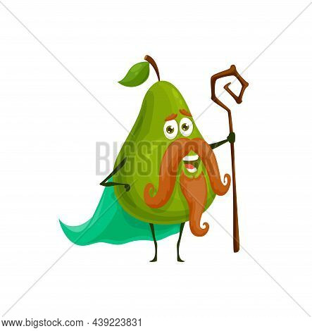 Cartoon Pear Fruit Wizard Or Magician Character, Vector Kids Personage. Fairy Tale Peach Sorcerer Wi