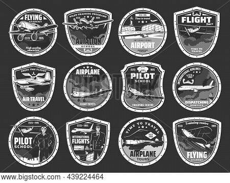 Aviation Academy And Airline Airport Icons Set. Individual Air Tours, Dispatching Service Emblem Or 
