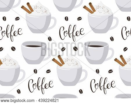 Coffee Text With Brown And Cremy Coffee Mugs Seamless Pattern. Vector Calligraphy Lettering Template