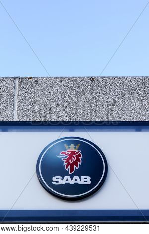 Risskov, Denmark - January 17, 2016: Saab Logo On A Wall. Saab Was A Manufacturer Of Automobiles Tha