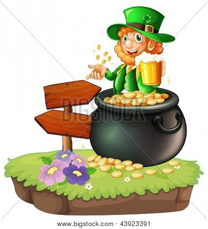 Abbildung eines alten Mannes mit einem Krug Bier neben einem Arrowboard auf einem weißen Hintergrund