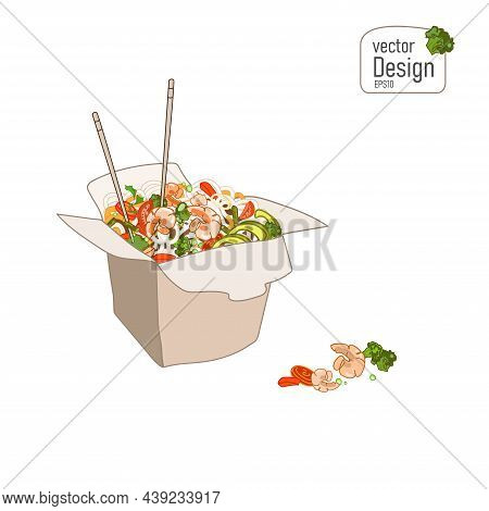 Noodles Box With Shrimps, Broccoli, Carrots, Asparagus And Other Wok Vegetables With Chopsticks.
