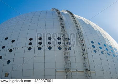 Stockholm, Sweden - 04.15.2017: Rails For Vista Capsules Attached To Facade And Roof Of Globen Hocke