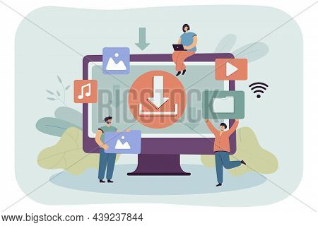 Ftp Download Of Digital Multimedia Files And Tiny Users. People Using Computer For Downloading Music