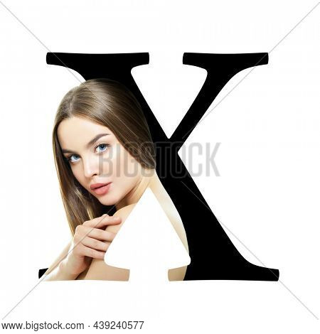 Letter X, concept alphabet design with beauty portrait of young attractive woman's face. Conceptual fashion fount