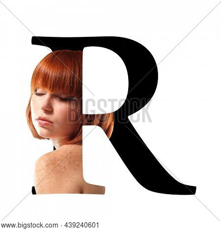 Letter R, concept alphabet design with beauty portrait of young attractive woman's face. Conceptual fashion fount