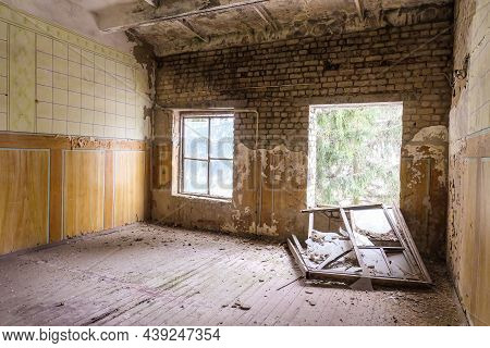 Old Ruined Tumbled Out Window Inside. Room In Abandoned Building.