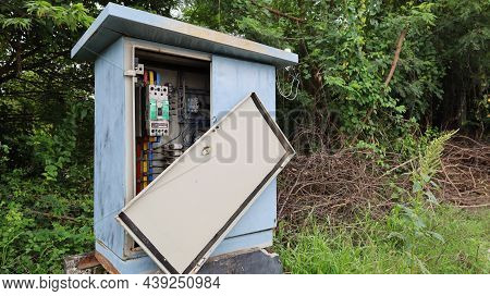 Defective Metal Electrical Control Cabinet. Damaged Electrical Switchboard Control Cabinet Beside Hi