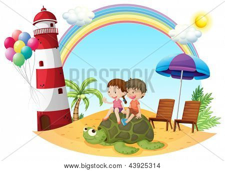 Ilustração das crianças brincando com a tartaruga na beira-mar em um fundo branco