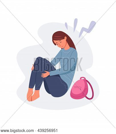 Depressed Girl With Backpack. Woman Dicrimination Or Bullying Friend, Vector Isolated On White Backg