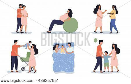 Pregnacy And Motherhood. Collection Of Pictures On Which Girl Preparing For Birth Of Child. Caring F