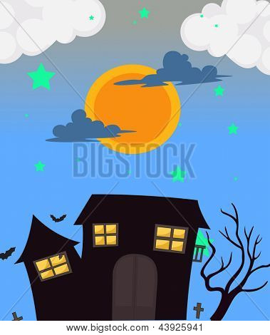 Illustration de la pleine lune et la maison hantée