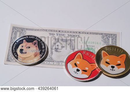 Shiba Coin And Doge Included With Cryptocurrency Coin On Stack 100 Hundred New Us Dollar Money Ameri