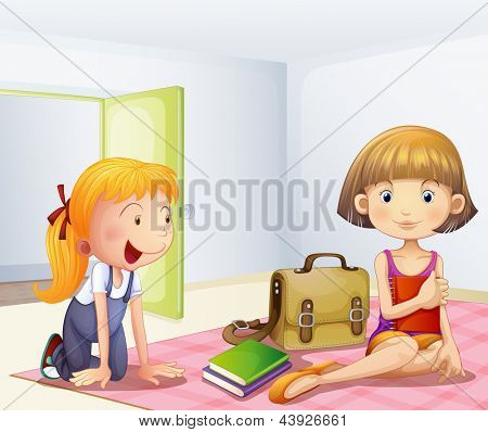 Illustrazione delle due ragazze all'interno di una stanza con i libri