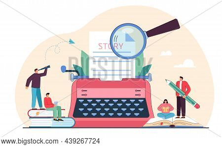 Tiny People Standing Near Typewriter With Paper And Word Title. Authors Typing Chapter Of Novel Or P