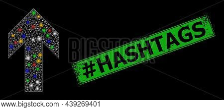 Bright Mesh Web Up Arrow Direction With Vibrant Flash Nodes, And Grunge Hashtag Hashtags Seal Stamp.