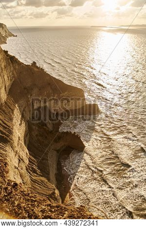 View Of Logas Beach And The Amazing Rocky Cliff In Peroulades. Corfu Island. Greece