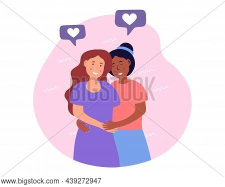Concept Of Friendship Day. Girls Hug Each Other, Partners, Love, Intimacy. Romance, Couple, Samesex 