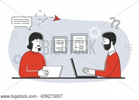 Concept Of Job Interview. Candidate Came To Apply For Vacancy. Portfolio, Resume. Man At Laptop Chec