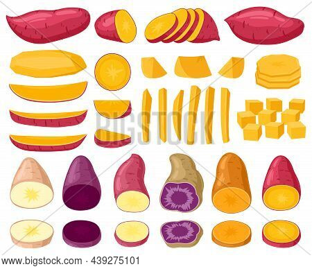 Cartoon Sweet Potato, Raw Sliced Tasty Batata Root Vegetable. Chopped Sweet Potatoes, Yam Batata Fre