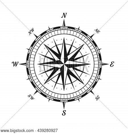 Vintage Marine Wind Rose, Nautical Chart. Monochrome Navigational Compass With Cardinal Directions O
