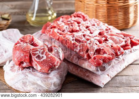 Set Of Various Frozen Meat. Frozen Pork, Beef, Chicken. Frozen Food.