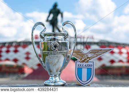 June 14, 2021, Rome, Italy. S.s. Football Club Emblem Lazio And The Uefa Champions League Cup Agains