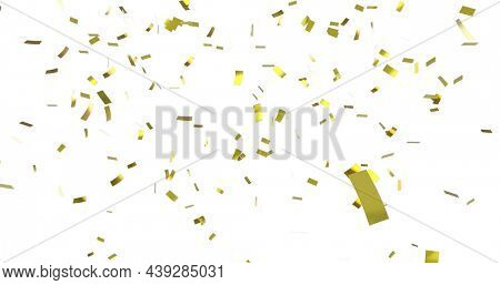 Digital image of gold confetti falling against a white background