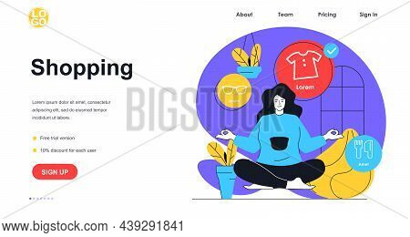 Shopping Web Banner Concept. Woman Meditates And Makes Online Purchases, Buying At Sale Store, Marke