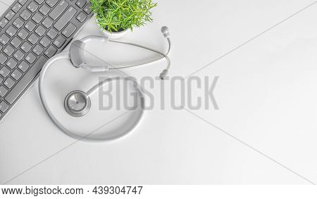 Office Desk Table With Supplies. Flat Lay. Copy Space