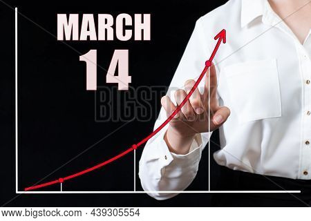 14th Day Of March. Businesswoman's Hand Pointing To The Graph And A Calendar With The Date Of 14 Mar