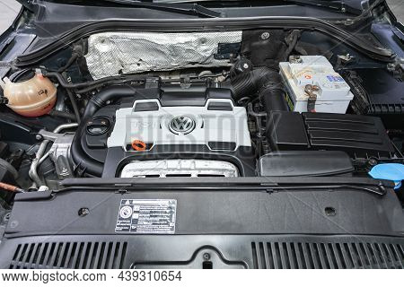 Novosibirsk, Russia - October 30, 2021: Volkswagen Tiguan, Car Engine Close-up. Internal Combustion 