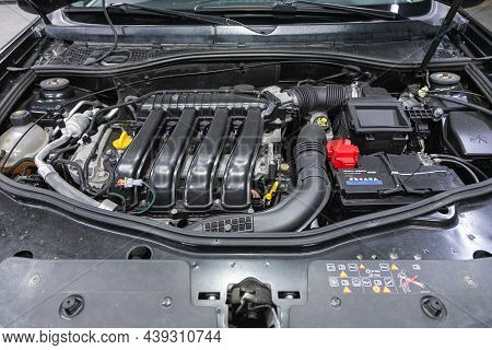Novosibirsk, Russia - October 30, 2021: Nissan Terrano, Car Engine Close-up. Internal Combustion Eng