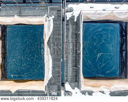 Fish Farm For Breeding Cages For Sturgeon Fry. Concept Aquaculture Pisciculture, Aerial Top View