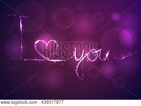 Hand Drawn Inscription - I Love You. Glowing Trace With Shined Dust. Pink And Violet Colors.