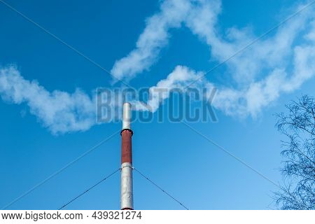 The Cityscape, The High Chimney Boiler Room Against The Sky. Photo Taken In Kopeysk. Chelyabinsk Reg