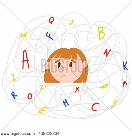 Upset Light-skinned Child With Invisible Disease Dyslexia. Concept Of Dyslexic Girl In The Chaos Of 